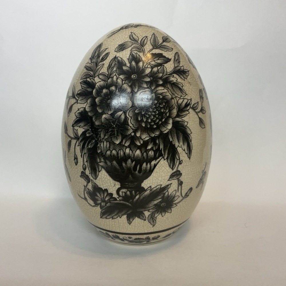Vintage Chinese Porcelain Egg Black Floral Transferware Crackle Glaze ~8" Easter